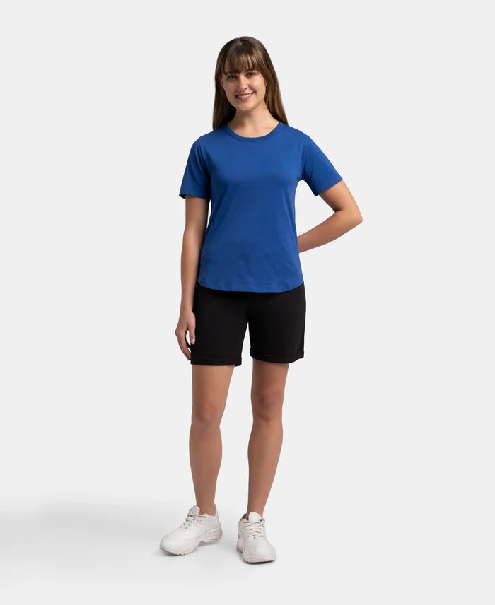 Super Combed Cotton Rich Relaxed Fit Solid Curved Hem Styled Half Sleeve T-Shirt - Mazarine Blue