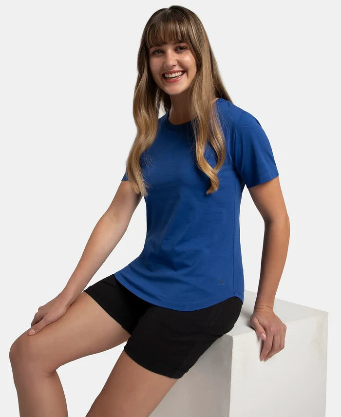 Super Combed Cotton Rich Relaxed Fit Solid Curved Hem Styled Half Sleeve T-Shirt - Mazarine Blue