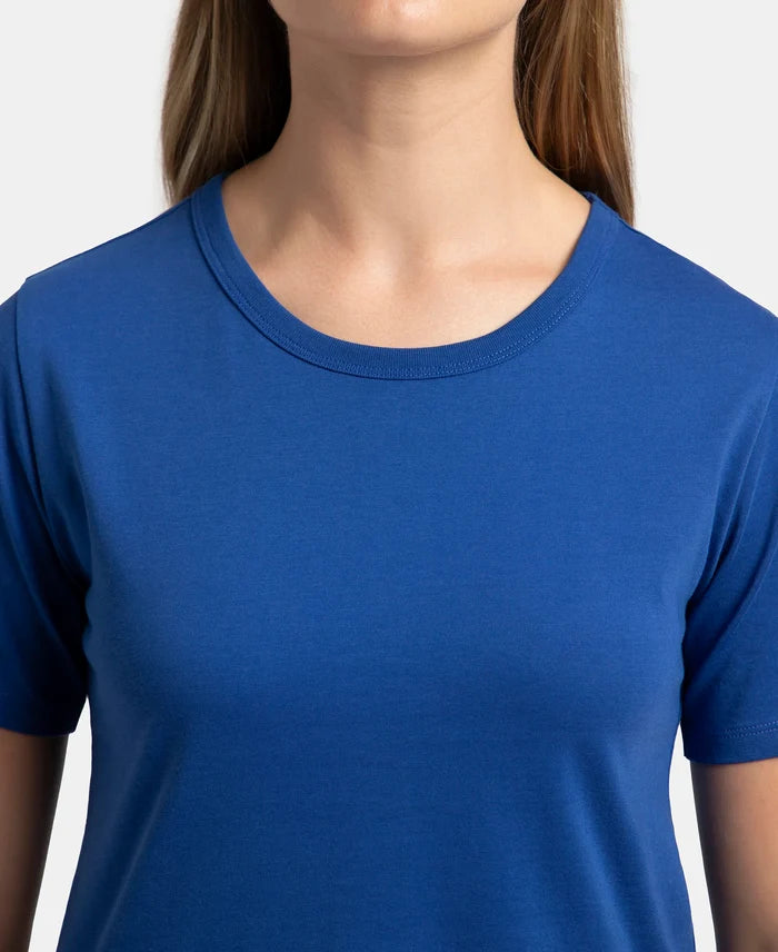 Super Combed Cotton Rich Relaxed Fit Solid Curved Hem Styled Half Sleeve T-Shirt - Mazarine Blue