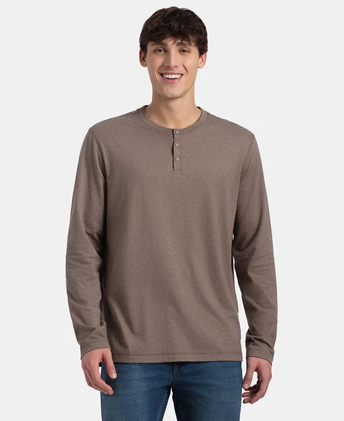 Super Combed Cotton Rich Solid Full Sleeve Henley T-Shirt - Dark Khaki Melange