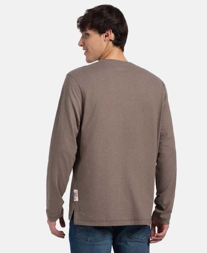 Super Combed Cotton Rich Solid Full Sleeve Henley T-Shirt - Dark Khaki Melange