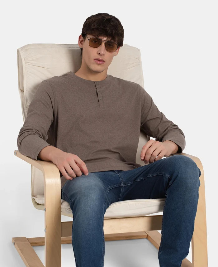 Super Combed Cotton Rich Solid Full Sleeve Henley T-Shirt - Dark Khaki Melange