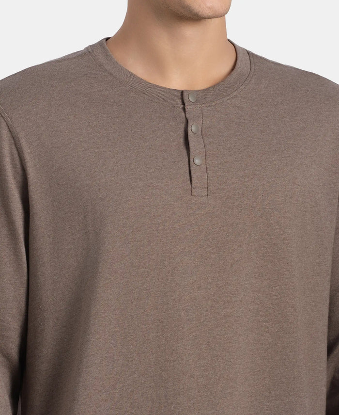 Super Combed Cotton Rich Solid Full Sleeve Henley T-Shirt - Dark Khaki Melange