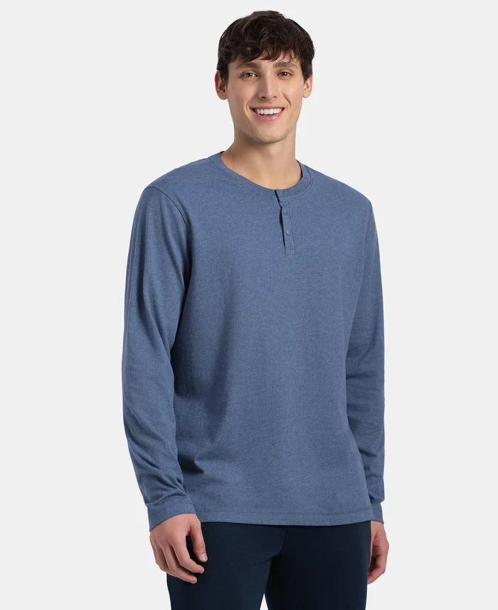 Super Combed Cotton Rich Solid Full Sleeve Henley T-Shirt - Vintage Indigo Melange