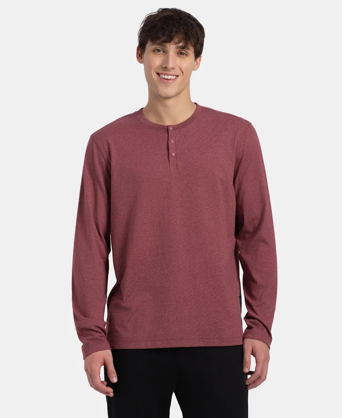Super Combed Cotton Rich Solid Full Sleeve Henley T-Shirt - Wild Ginger Melange