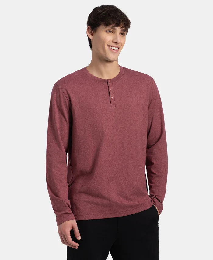 Super Combed Cotton Rich Solid Full Sleeve Henley T-Shirt - Wild Ginger Melange