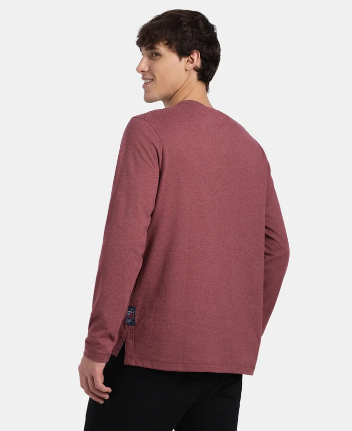 Super Combed Cotton Rich Solid Full Sleeve Henley T-Shirt - Wild Ginger Melange