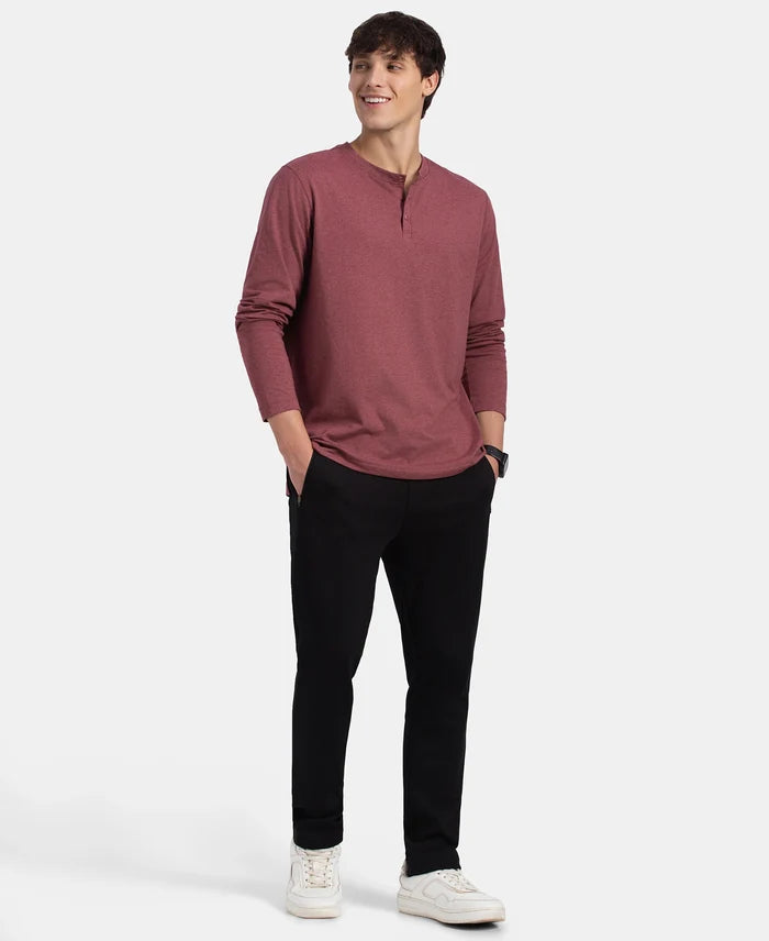 Super Combed Cotton Rich Solid Full Sleeve Henley T-Shirt - Wild Ginger Melange
