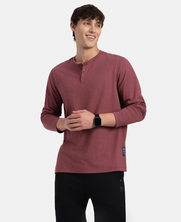 Super Combed Cotton Rich Solid Full Sleeve Henley T-Shirt - Wild Ginger Melange