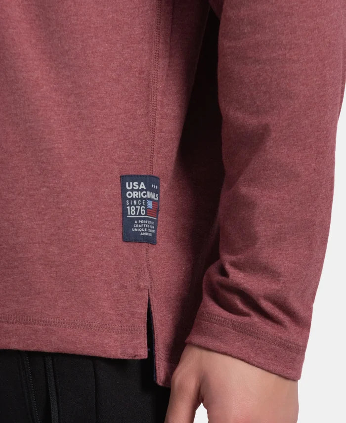 Super Combed Cotton Rich Solid Full Sleeve Henley T-Shirt - Wild Ginger Melange