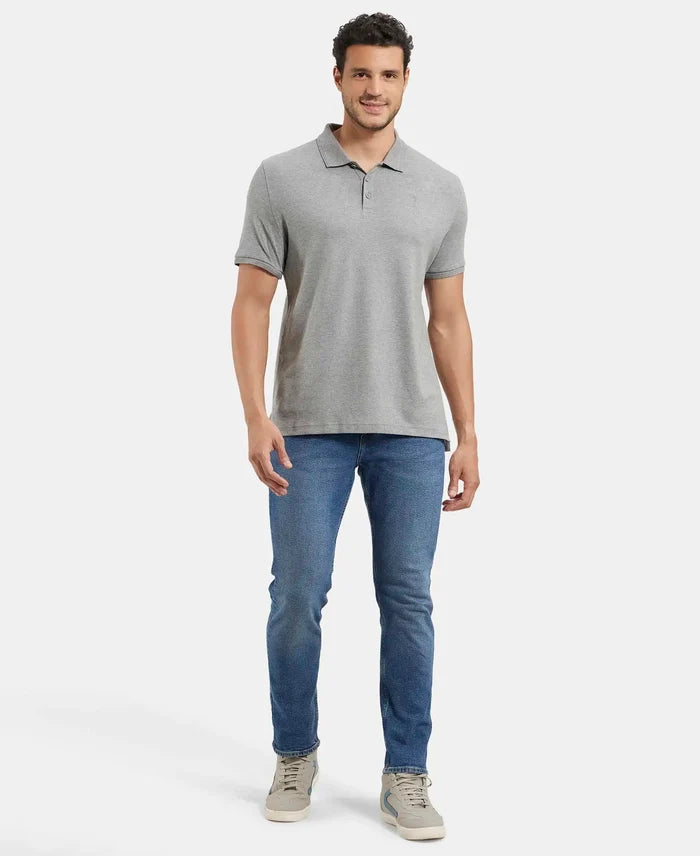 Super Combed Cotton Rich Solid Half Sleeve Polo T-Shirt - Grey Melange-4
