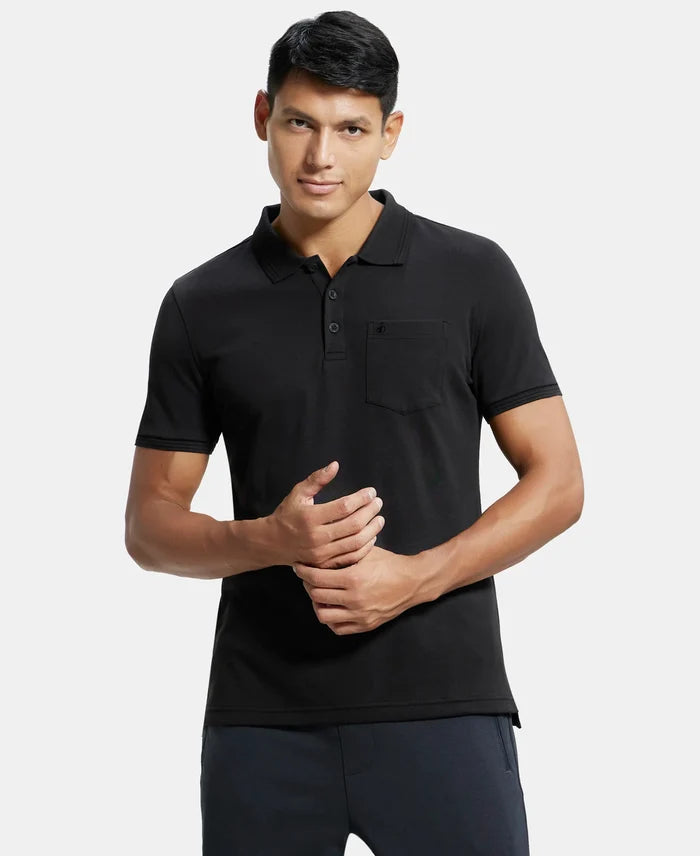 Super Combed Cotton Rich Solid Half Sleeve Polo T-Shirt with Chest Pocket - Black-1