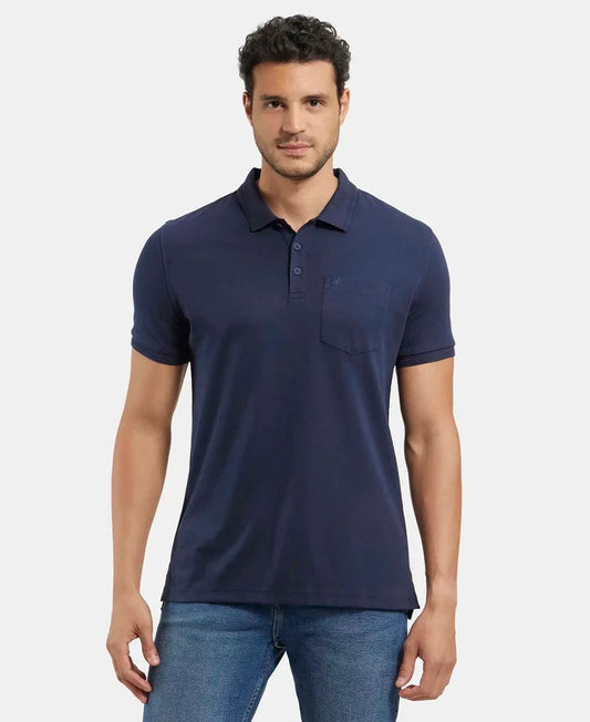 Super Combed Cotton Rich Solid Half Sleeve Polo T-Shirt with Chest Pocket - Navy-1