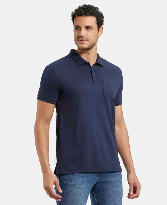Super Combed Cotton Rich Solid Half Sleeve Polo T-Shirt with Chest Pocket - Navy-2