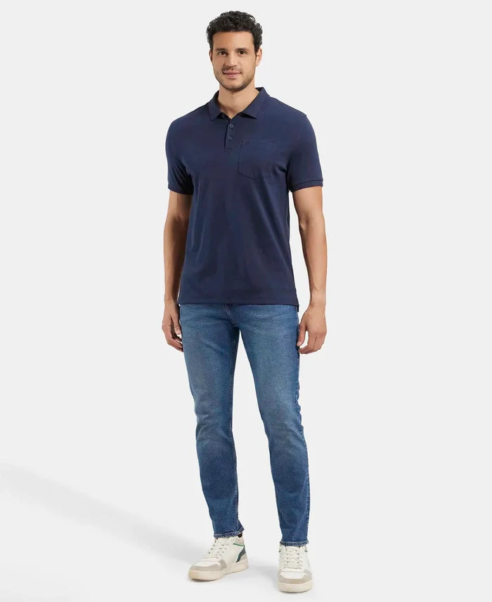 Super Combed Cotton Rich Solid Half Sleeve Polo T-Shirt with Chest Pocket - Navy-4