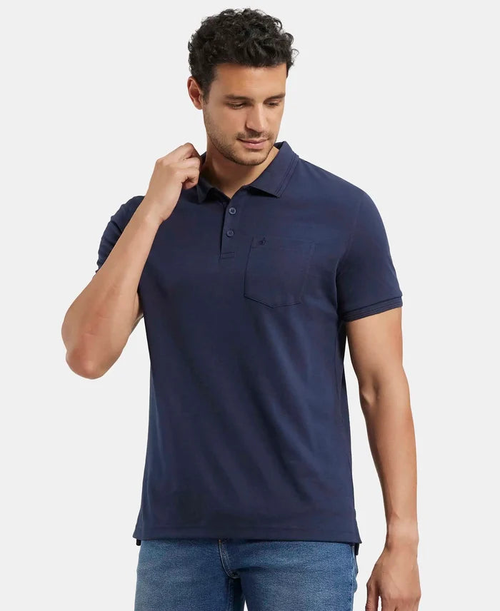 Super Combed Cotton Rich Solid Half Sleeve Polo T-Shirt with Chest Pocket - Navy-5