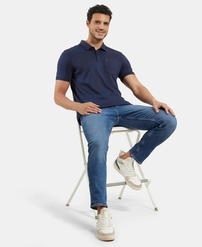Super Combed Cotton Rich Solid Half Sleeve Polo T-Shirt with Chest Pocket - Navy-6