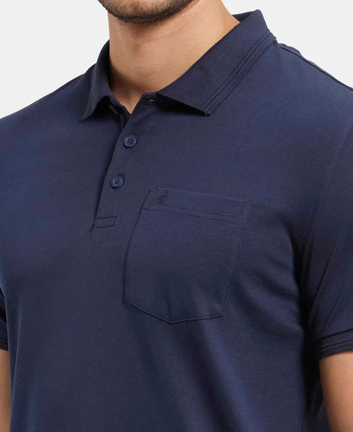 Super Combed Cotton Rich Solid Half Sleeve Polo T-Shirt with Chest Pocket - Navy-7