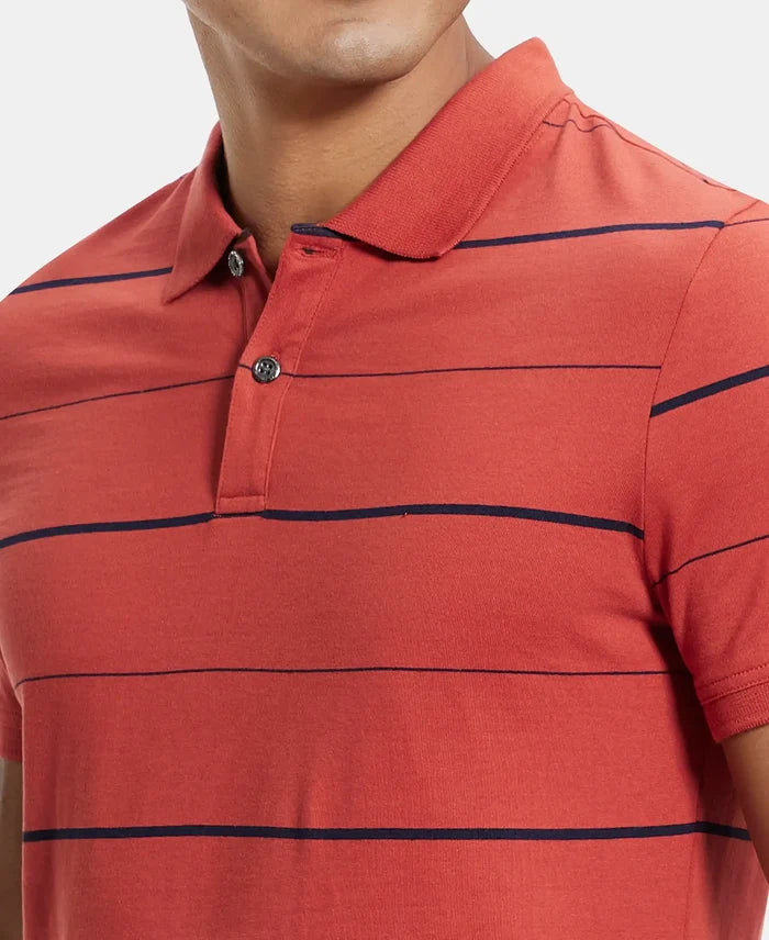 Super Combed Cotton Rich Striped Half Sleeve Polo T-Shirt - Cinnabar/Navy-6