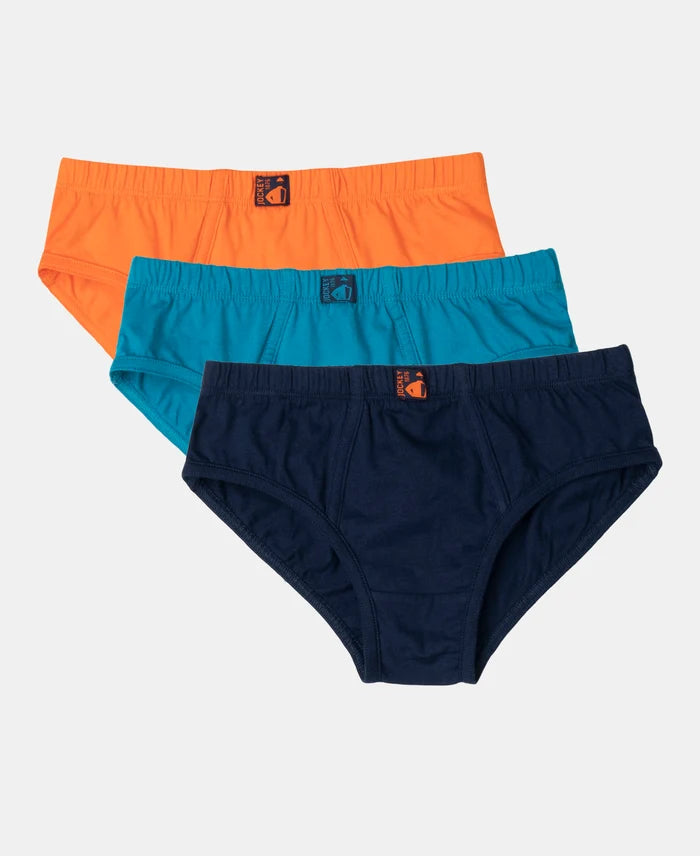 Super Combed Cotton Solid Brief with Ultrasoft Waistband - Mandarin Orange, Navy & Ocean Depth (Pack of 3)