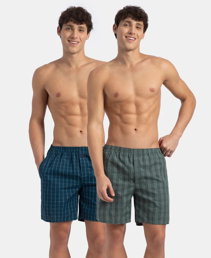 Super Combed Mercerized Cotton Woven Checkered Boxer Shorts with Side Pocket - Dark Forest & Seaport Teal (Pack of 2)