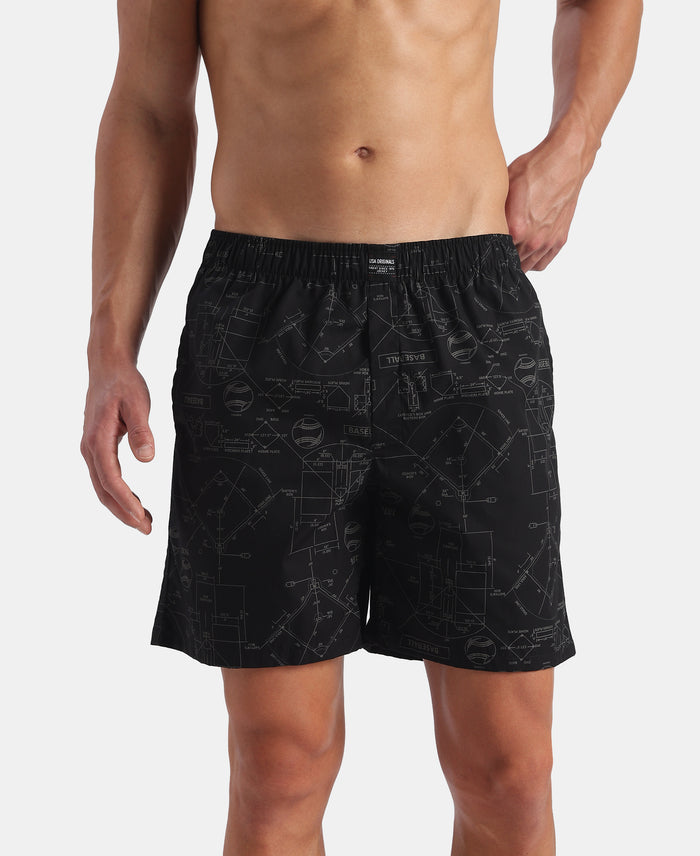 Super Combed Mercerized Cotton Woven Printed Boxer Shorts with Side Pockets - Black & Pure Cashmere (Pack of 2)