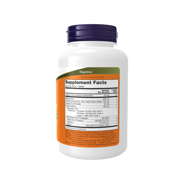 A white bottle of NOW Foods dietary supplement has a navy blue cap and an orange label. The Supplement Facts are in bold, detailing nutritional info and ingredients. The label highlights healthy digestion benefits through Super Enzymes by NOW Foods.