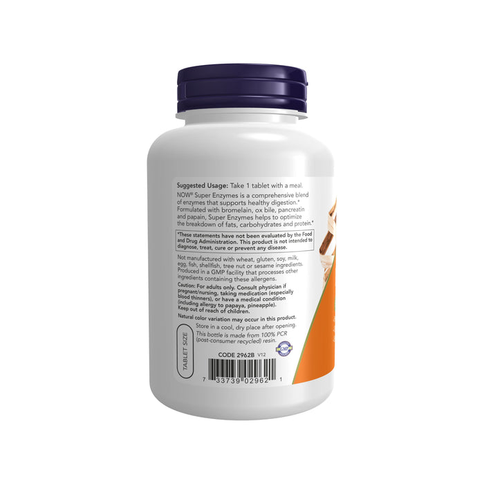 A white bottle of NOW Foods Super Enzymes dietary supplement, with a dark blue cap, features a label with usage instructions and ingredients. It promotes healthy digestion and helps break down fats, carbohydrates, and proteins.