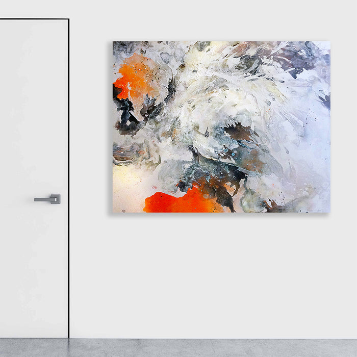 The artwork 'Surrender' by Renee Phillips features dynamic abstract expressionism with bold orange bursts contrasting against sweeping white and gray swirls. Textured layers of acrylic and gesso create a turbulent composition, with burned netting adding depth. The 48x60 canvas showcases dramatic movement through ethereal brushstrokes and moody charcoal undertones.
