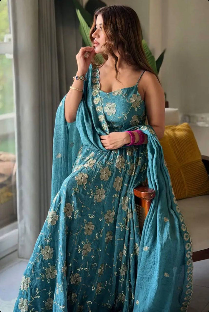 Teal embroidered fancy silk Anarkali suit