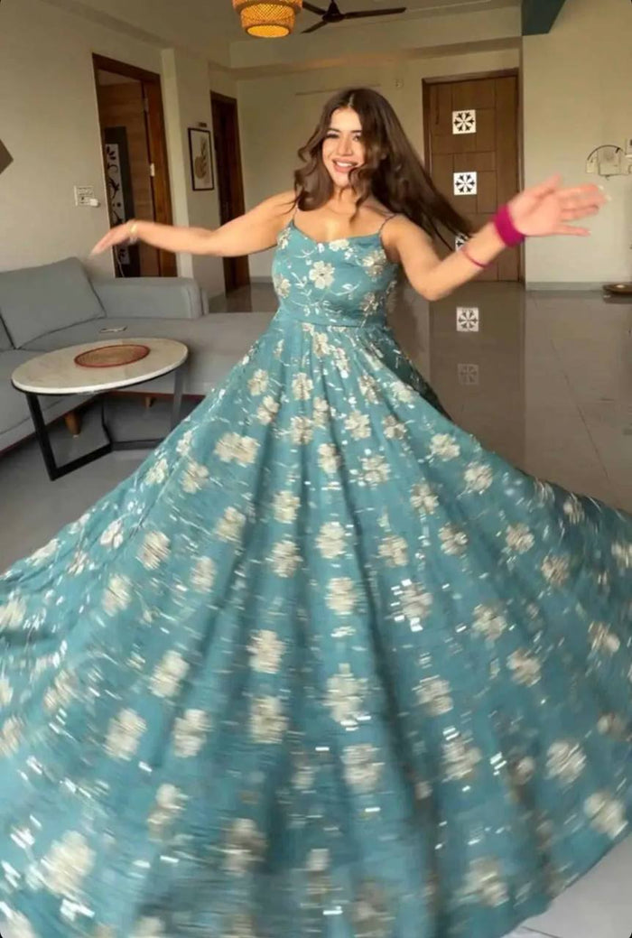 Teal embroidered fancy silk Anarkali suit