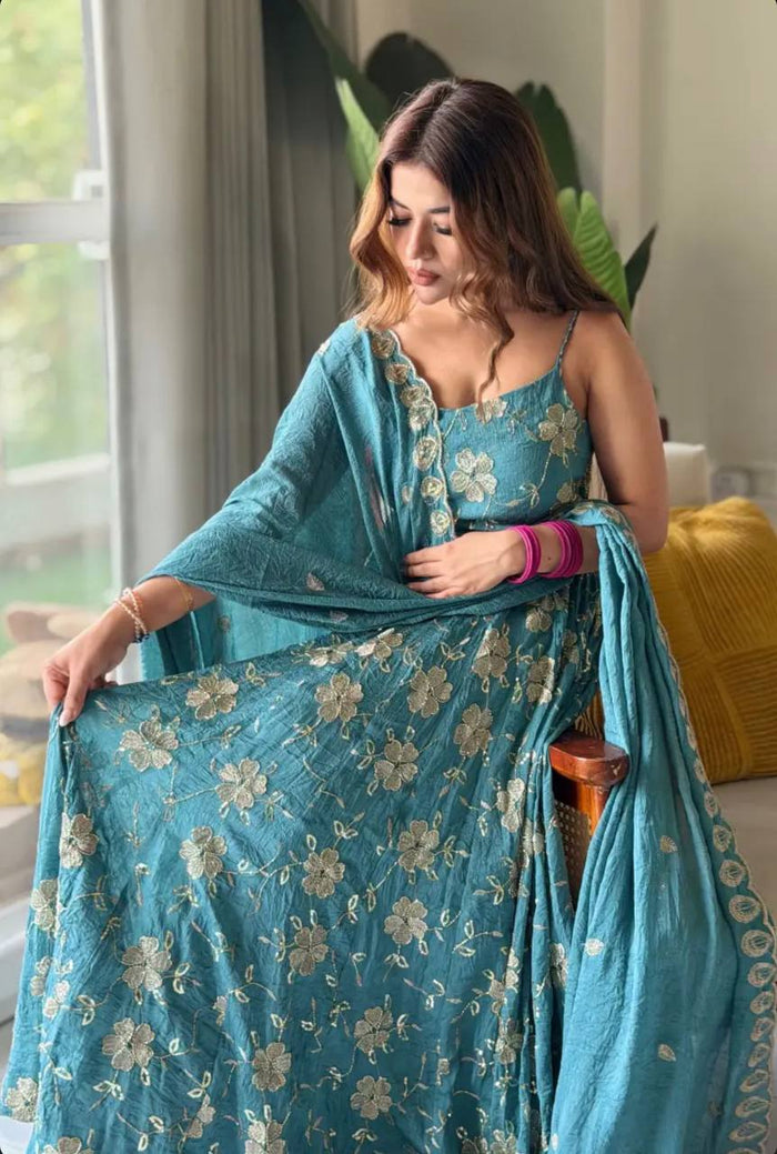 Teal embroidered fancy silk Anarkali suit