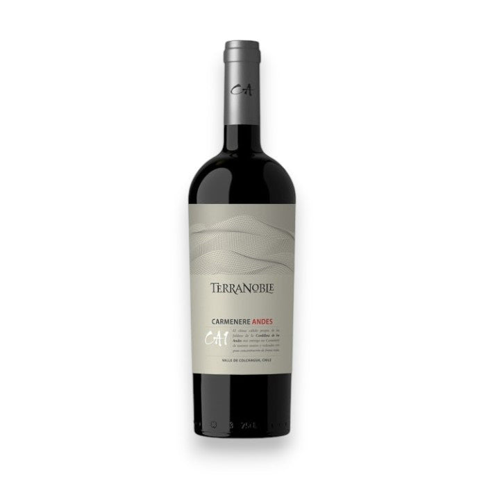 A bottle of TERRANOBLE 'CA1' CARMÈNÉRE 2021 from the Colchagua Valley, featuring a light gray label with wave patterns and a gray cap branded with "eA," displays the WINE: WINEBOW brand and details of this exquisite Chilean Carménère.