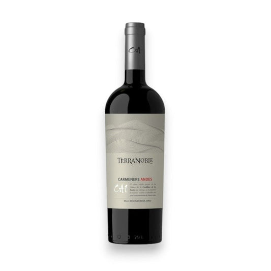 A bottle of TERRANOBLE 'CA1' CARMÈNÉRE 2021 from the Colchagua Valley, featuring a light gray label with wave patterns and a gray cap branded with "eA," displays the WINE: WINEBOW brand and details of this exquisite Chilean Carménère.
