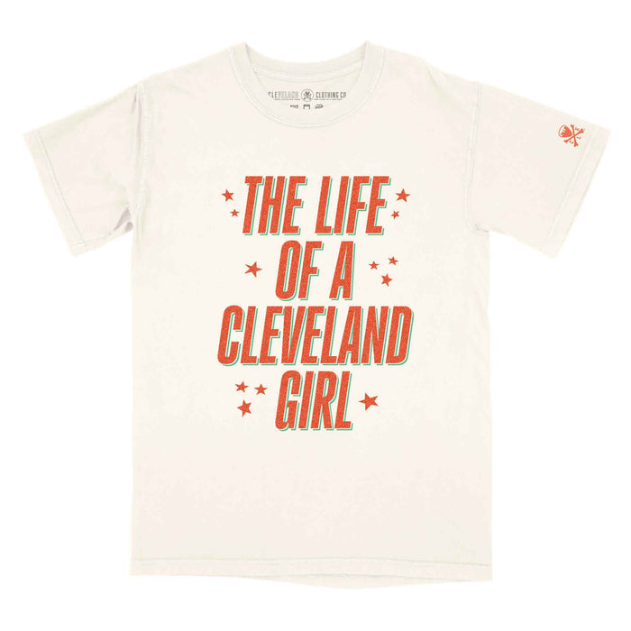 White t-shirt with 'The Life of a Cleveland Girl' text on a white background