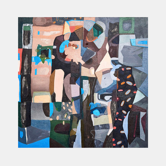 The artwork 'The View from Luna' by Sasha Hallock features an abstract geometric composition with intersecting shapes in muted tones of gray, peach, and forest green. Angular forms create a cubist-inspired landscape, accented with bright blue touches and organic dotted patterns. Mixed media technique combines acrylic and oil paint on wood panel, creating textural depth and dimensional interest. By Sasha Hallock.