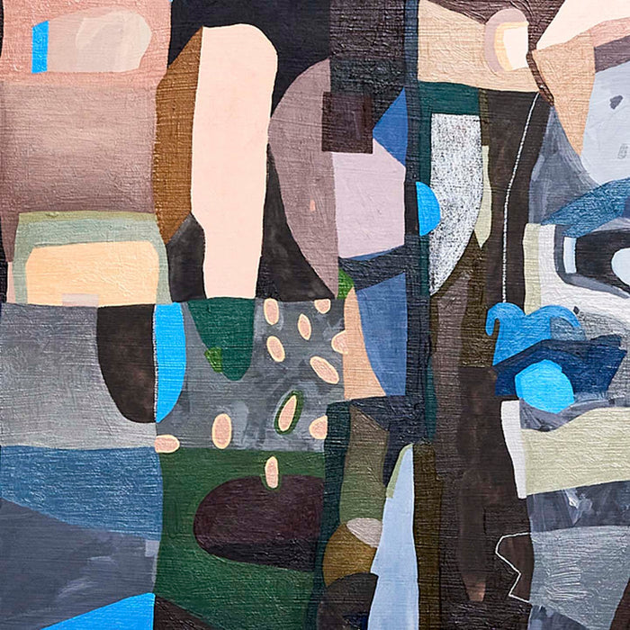 The artwork 'The View from Luna' by Sasha Hallock features an abstract composition of geometric shapes in muted and bold tones. Interlocking forms in deep blues, forest greens, and soft grays create a fragmented landscape-like pattern. Pale pink and beige accents complement darker elements, with textural brushstrokes visible on the wood panel surface. The 18x18 inch mixed media piece combines acrylic and oil paint techniques. By Sasha Hallock.