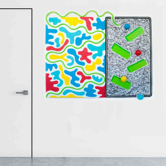 The artwork 'Through the Goof Camo and into the Static Fuzz' by Ryan Patrick Martin features a split composition: vibrant camouflage-like patterns in blue, yellow, and red on the left, contrasting with a grey static-textured panel on the right adorned with green rectangular shapes and colorful dots. Created with epoxy clay and acrylic paint on canvas.