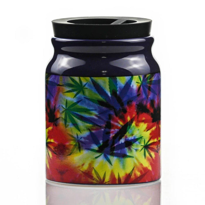 Tie Die Leaf Ceramic Stash Jar 1/4 OZ with vibrant tie dye pattern - Smoke Spot Glass