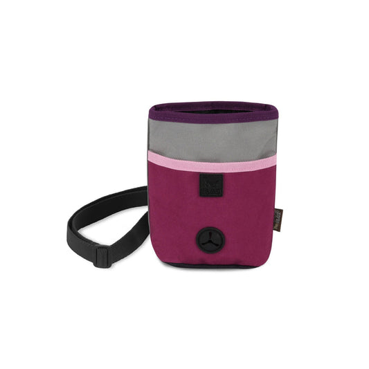 The TREAT POUCH WILDFLOWER by PLAY PET LIFESTYLES/BRANDS is a purple, gray, and pink fabric dog training bag featuring a black strap, a front pocket perfect for holding treats, and a circular black logo near the bottom.