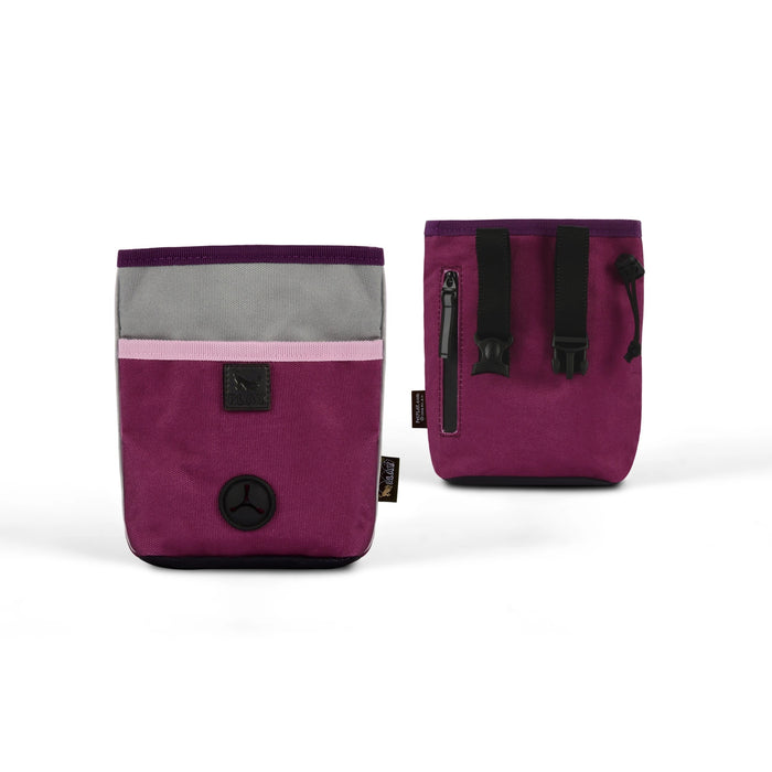 The TREAT POUCH WILDFLOWER by PLAY PET LIFESTYLES/BRANDS is a purple, gray, and pink fabric dog training bag featuring a black strap, a front pocket perfect for holding treats, and a circular black logo near the bottom.