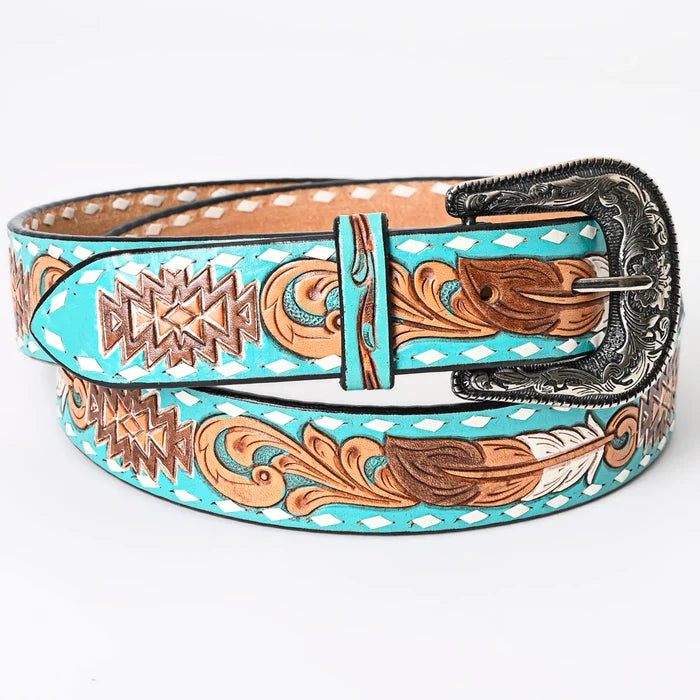 Turquoise leather belt with carved detail, 140742-c