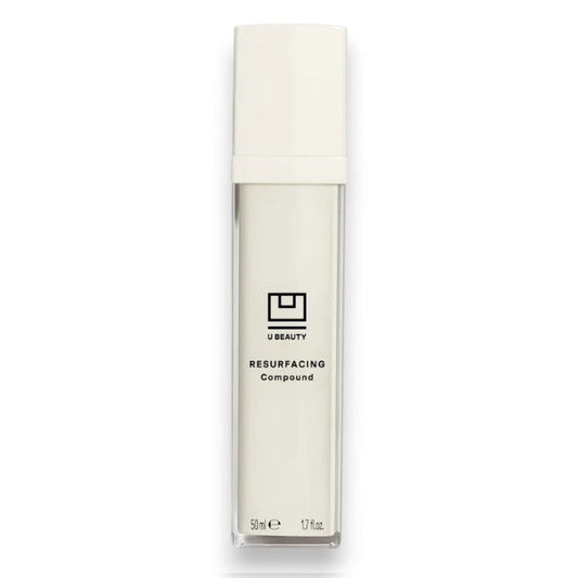 A white rectangular 15ml bottle of U BEAUTY RESURFACING COMPOUND with black text and a minimalist logo, designed to resurface and brighten skin while targeting fine lines and wrinkles.