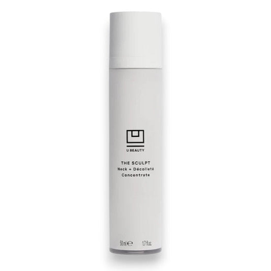 A white cylindrical bottle of U BEAUTY THE SCULPT NECK & DECOLLETE CONCENTRATE, designed for neck and décolleté firming, features a minimalist black logo and text, standing upright on a white background.