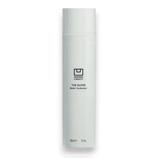 A tall, sleek white bottle labeled "THE SUPER BODY HYDRATOR 200ML" by U BEAUTY stands out against a plain background, featuring black logo and text. This moisturizer promises skin renewal and a radiant glow.