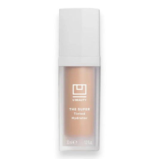 A 30 ml bottle of U BEAUTY THE SUPER TINTED HYDRATOR SHADE 03 features a frosted lower section revealing the beige tint, topped with a white cap. The sleek design showcases white label text for a dewy finish look.