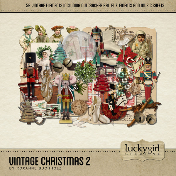 Filled with charming old-fashioned digital art Victorian die-cuts, ice skates, hanging mistletoe, a sleigh and sled, vintage advertisements and postcards, holiday bells and ornaments, sprigs of holly, craft-wrapped presents, postage stamps, and a snow globe ready for you to fill, this Vintage Christmas 2 Digital Scrapbook Kit also features everything you’ll need for documenting the holiday season’s performance of The Nutcracker ballet.