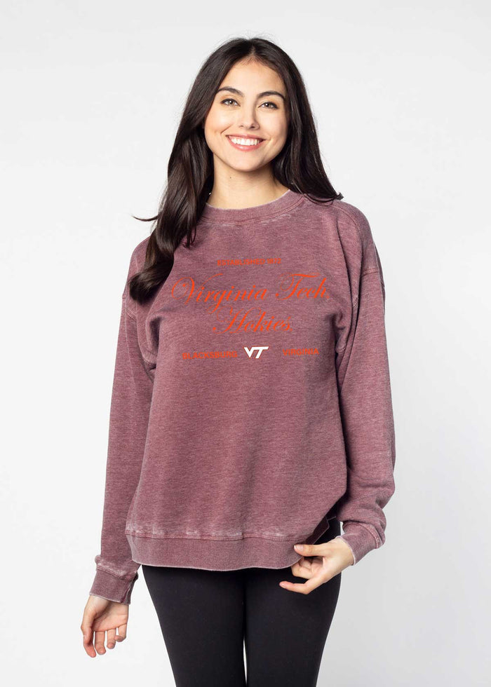 Virginia Tech Hokies Unisex Merlot Oversized Burnout fleece Sweatshirt with Ribbed crew neckline, cuffs, hem, dropped shoulders and relaxed bottom hem