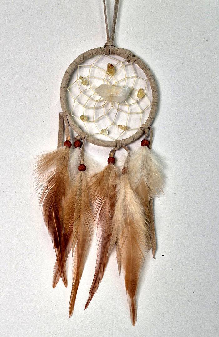 Tan vision seeker dream catcher with Quartz point, Citrine gemstone chips and feathers, handmade in Canada.