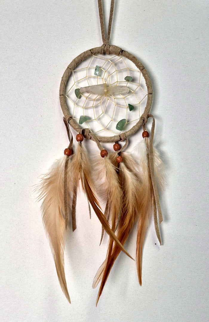 Tan vision seeker dream catcher with Quartz point, Green Aventurine gemstone chips and feathers, handmade in Canada.